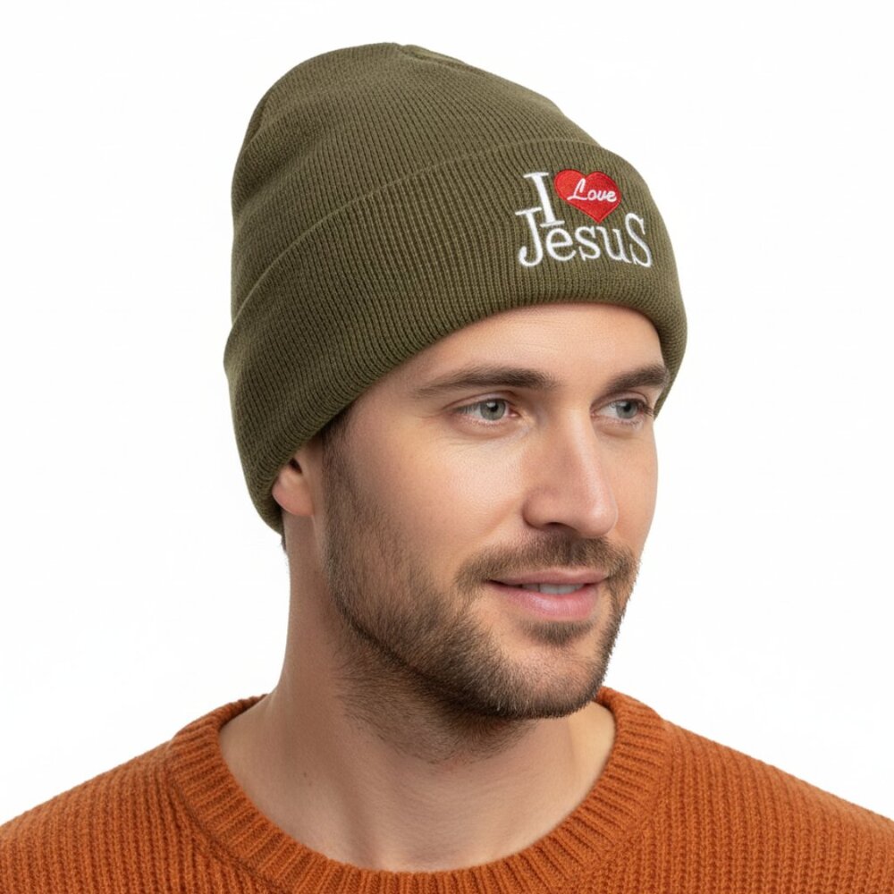 "I Love Jesus" Winter Fleece-Lined Hat, Light Brown - Picture 1 of 4